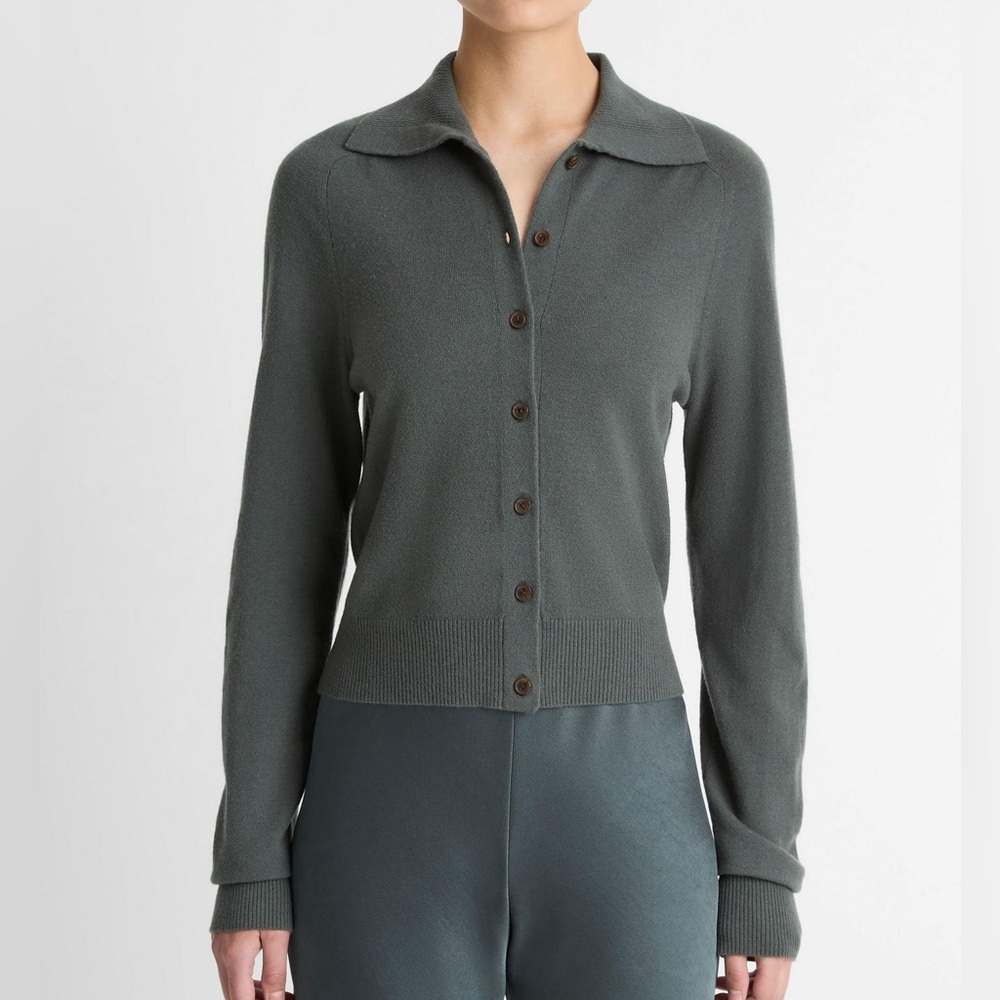 VINCE Polo Wool & Cashmere-Blend Polo Cardigan- NWT size S. Color Malachite